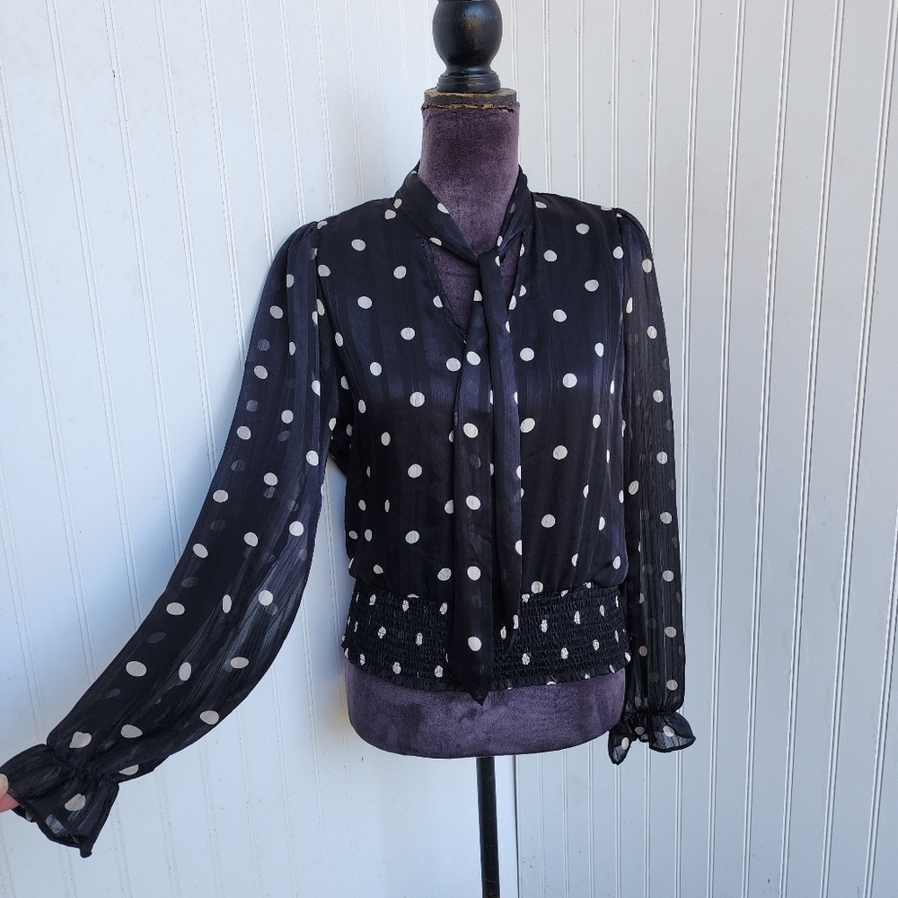 Tamara H Polka Dot Sheer Long Sleeves Top Blouse Black White Smocked Hem Tie S